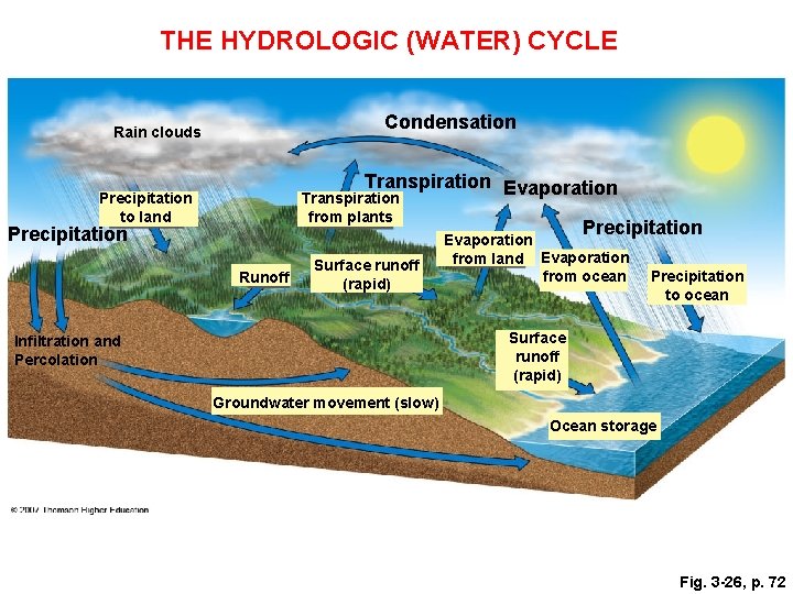 THE HYDROLOGIC (WATER) CYCLE Condensation Rain clouds Transpiration Evaporation Transpiration Precipitation to land from