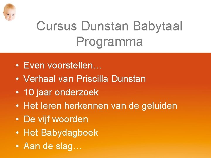 Cursus Dunstan Babytaal Programma • • Even voorstellen… Verhaal van Priscilla Dunstan 10 jaar