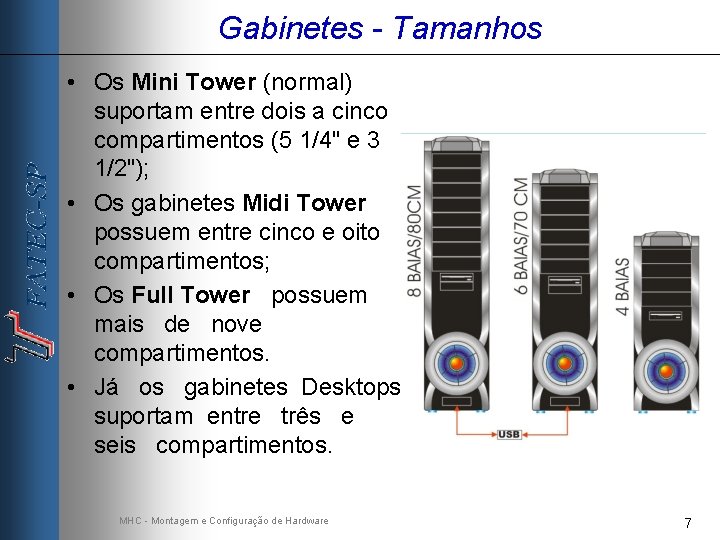 Gabinetes - Tamanhos • Os Mini Tower (normal) suportam entre dois a cinco compartimentos