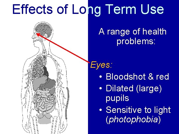 Effects of Long Term Use A range of health problems: Eyes: • Bloodshot &