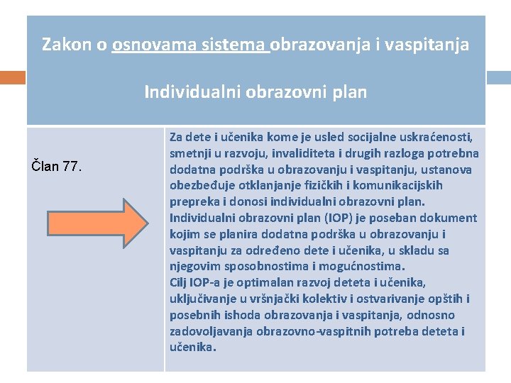 Zakon o osnovama sistema obrazovanja i vaspitanja Individualni obrazovni plan Član 77. Za dete