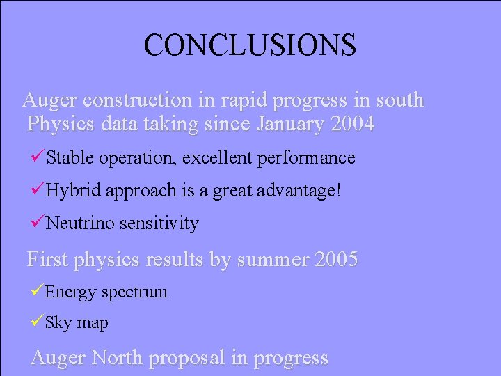 CONCLUSIONS Auger construction in rapid progress in south Physics data taking since January 2004