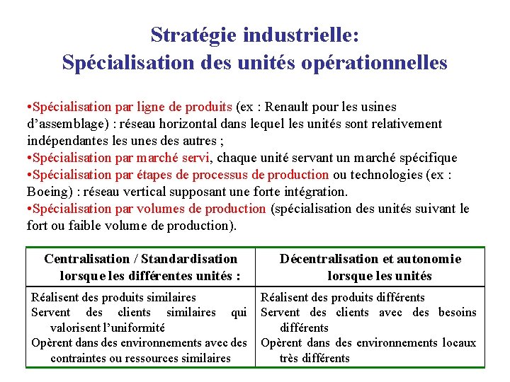 Stratégie industrielle: Spécialisation des unités opérationnelles • Spécialisation par ligne de produits (ex :