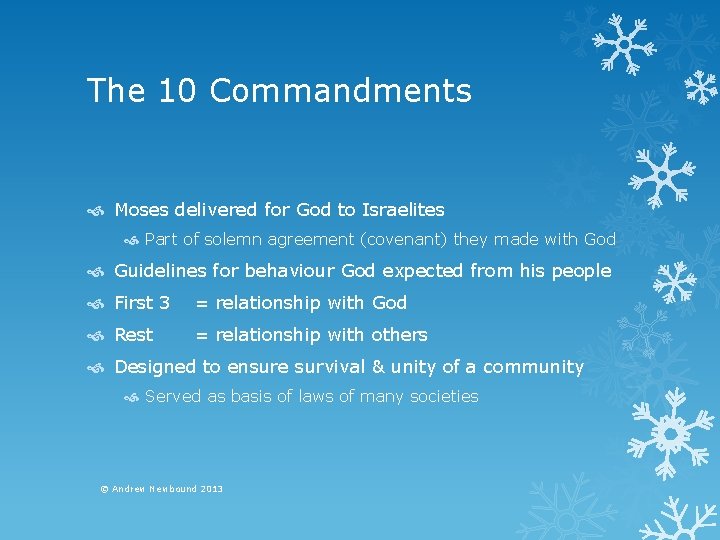 The 10 Commandments Moses delivered for God to Israelites Part of solemn agreement (covenant)