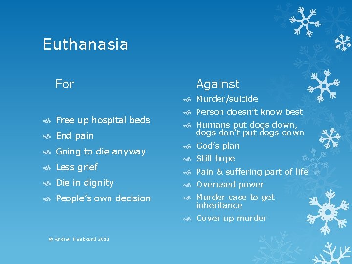 Euthanasia For Against Murder/suicide Free up hospital beds End pain Going to die anyway