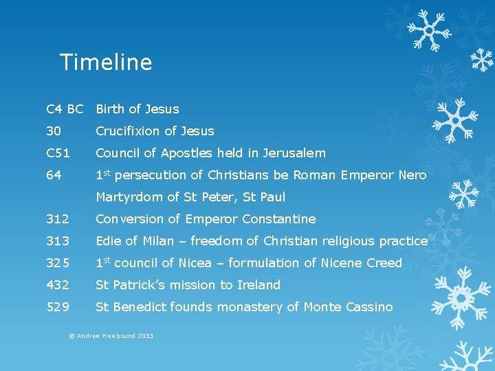 Timeline C 4 BC Birth of Jesus 30 Crucifixion of Jesus C 51 Council
