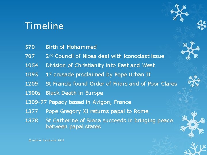 Timeline 570 Birth of Mohammed 787 2 nd Council of Nicea deal with iconoclast