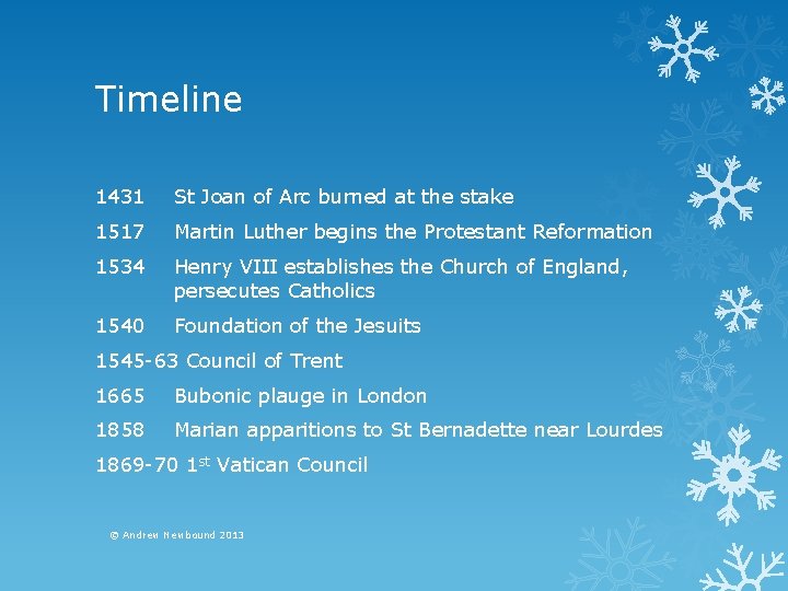 Timeline 1431 St Joan of Arc burned at the stake 1517 Martin Luther begins