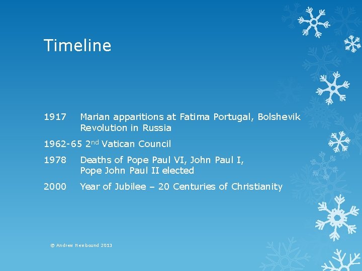 Timeline 1917 Marian apparitions at Fatima Portugal, Bolshevik Revolution in Russia 1962 -65 2