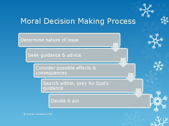 Moral Decision Making Process Determine nature of issue Seek guidance & advice Consider possible