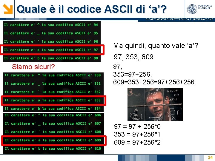 Quale è il codice ASCII di ‘a’? DIPARTIMENTO DI ELETTRONICA E INFORMAZIONE Ma quindi,