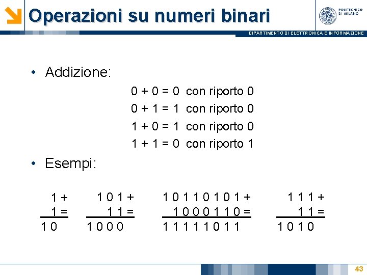 Operazioni su numeri binari DIPARTIMENTO DI ELETTRONICA E INFORMAZIONE • Addizione: 0+0=0 0+1=1 1+0=1