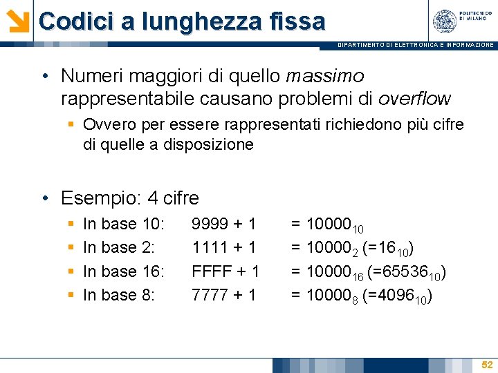 Codici a lunghezza fissa DIPARTIMENTO DI ELETTRONICA E INFORMAZIONE • Numeri maggiori di quello