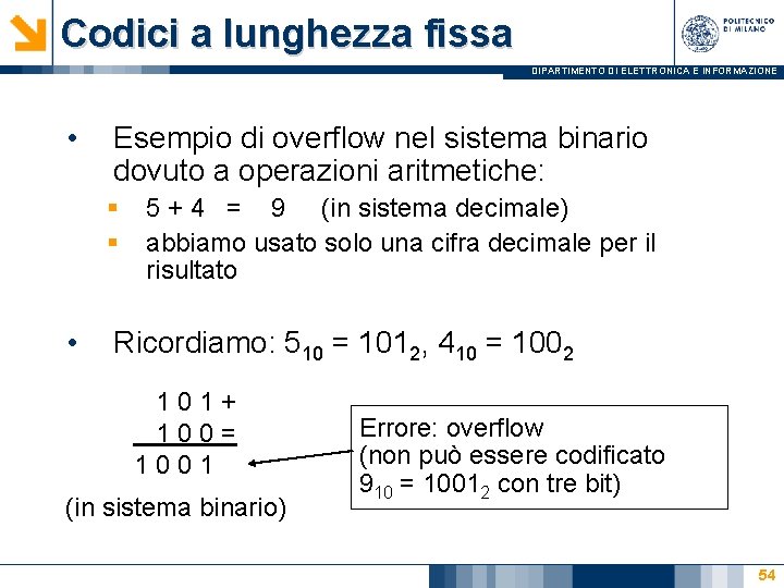 Codici a lunghezza fissa DIPARTIMENTO DI ELETTRONICA E INFORMAZIONE • Esempio di overflow nel