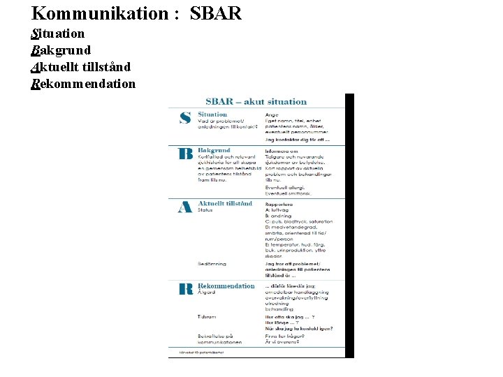 Kommunikation : SBAR Situation Bakgrund Aktuellt tillstånd Rekommendation 