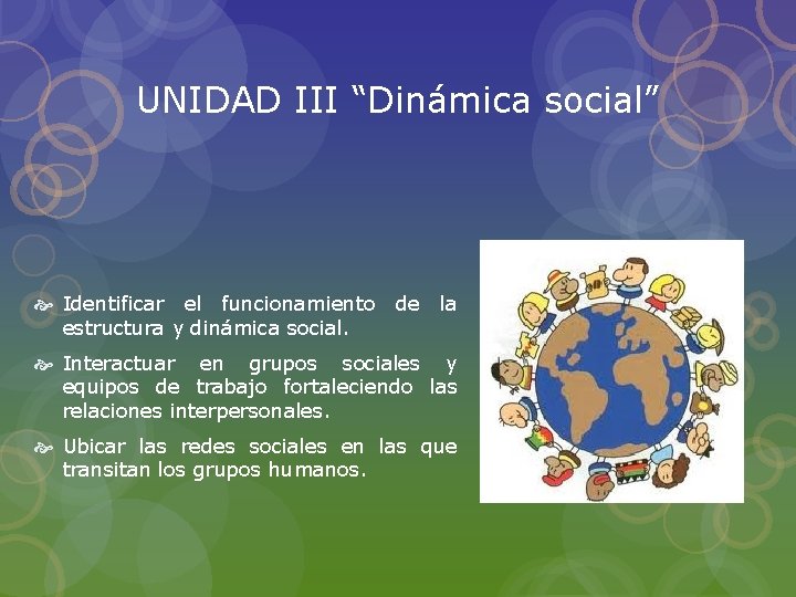 UNIDAD III “Dinámica social” Identificar el funcionamiento de la estructura y dinámica social. Interactuar