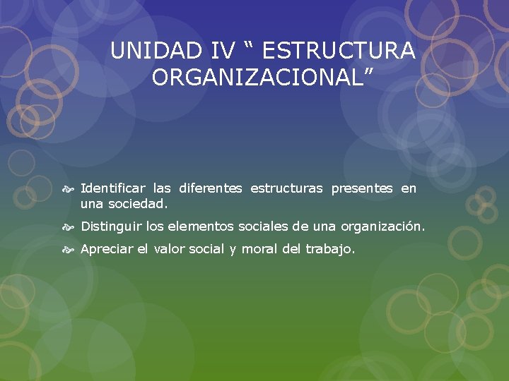 UNIDAD IV “ ESTRUCTURA ORGANIZACIONAL” Identificar las diferentes estructuras presentes en una sociedad. Distinguir