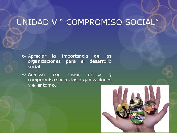 UNIDAD V “ COMPROMISO SOCIAL” Apreciar la importancia de las organizaciones para el desarrollo