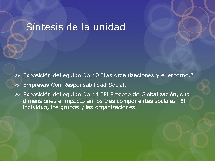 Síntesis de la unidad Exposición del equipo No. 10 “Las organizaciones y el entorno.