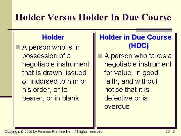 Holder Versus Holder In Due Course Holder n A person who is in possession