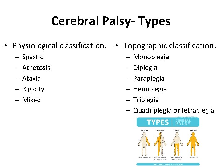 Cerebral Palsy- Types • Physiological classification: • Topographic classification: – – – Spastic Athetosis Cerebral Palsy- Types • Physiological classification: • Topographic classification: – – – Spastic Athetosis