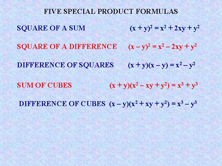 FIVE SPECIAL PRODUCT FORMULAS SQUARE OF A SUM (x + y)2 = x 2