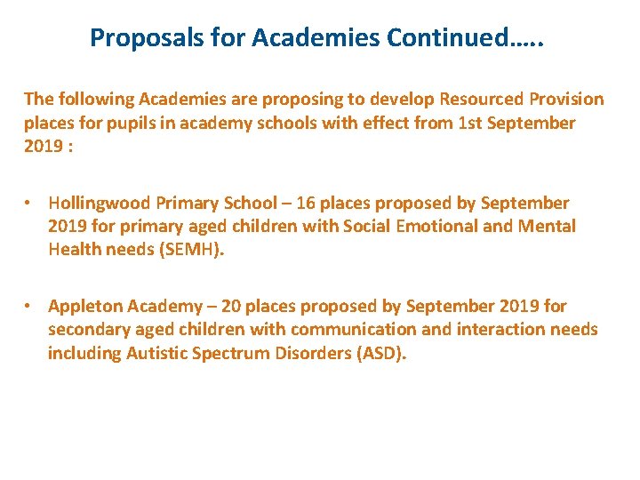 Proposals for Academies Continued…. . The following Academies are proposing to develop Resourced Provision