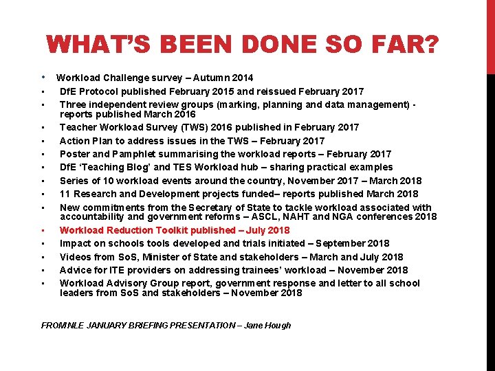 WHAT’S BEEN DONE SO FAR? • • • • Workload Challenge survey – Autumn