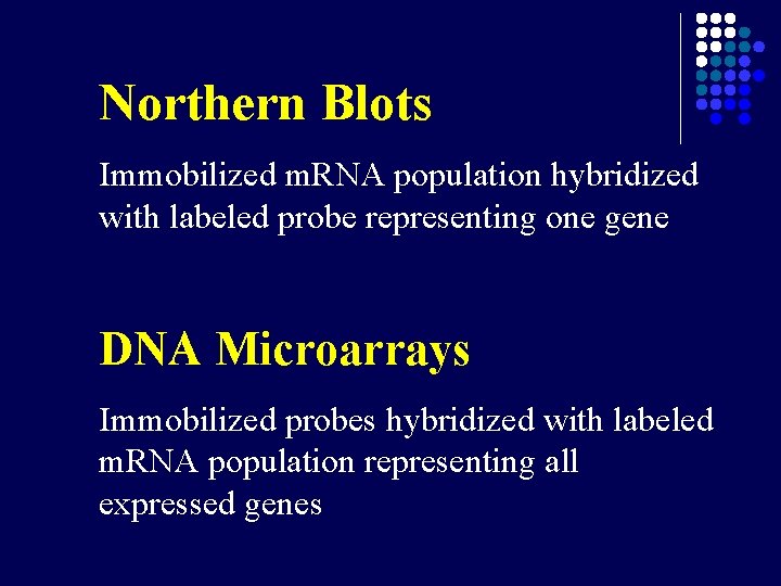 Northern Blots Immobilized m. RNA population hybridized with labeled probe representing one gene DNA