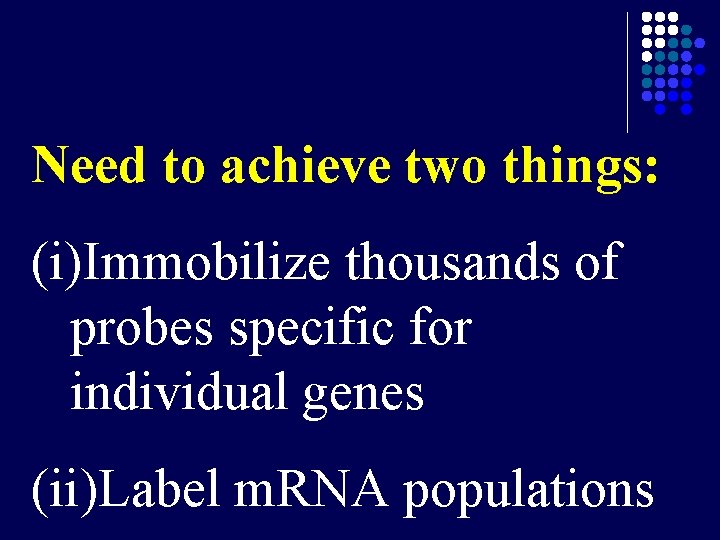 Need to achieve two things: (i)Immobilize thousands of probes specific for individual genes (ii)Label