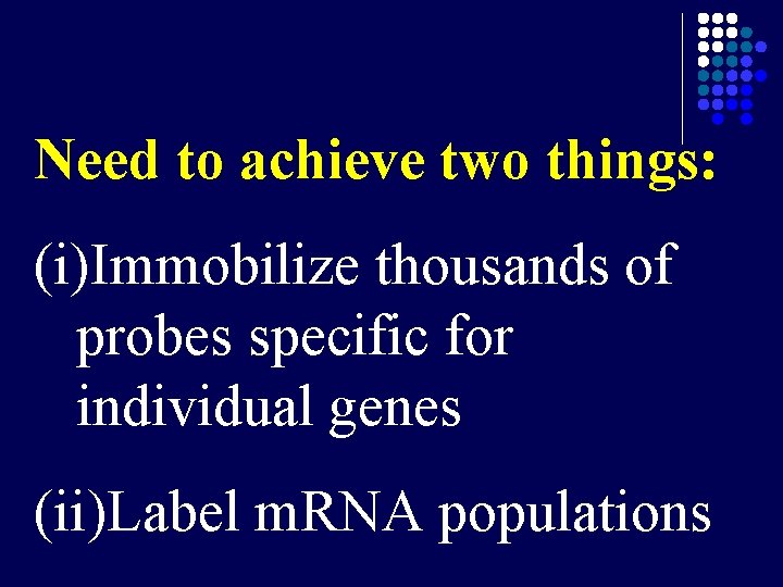 Need to achieve two things: (i)Immobilize thousands of probes specific for individual genes (ii)Label