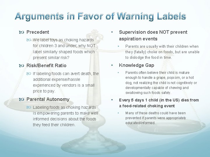 Arguments in Favor of Warning Labels Precedent • We label toys as choking hazards