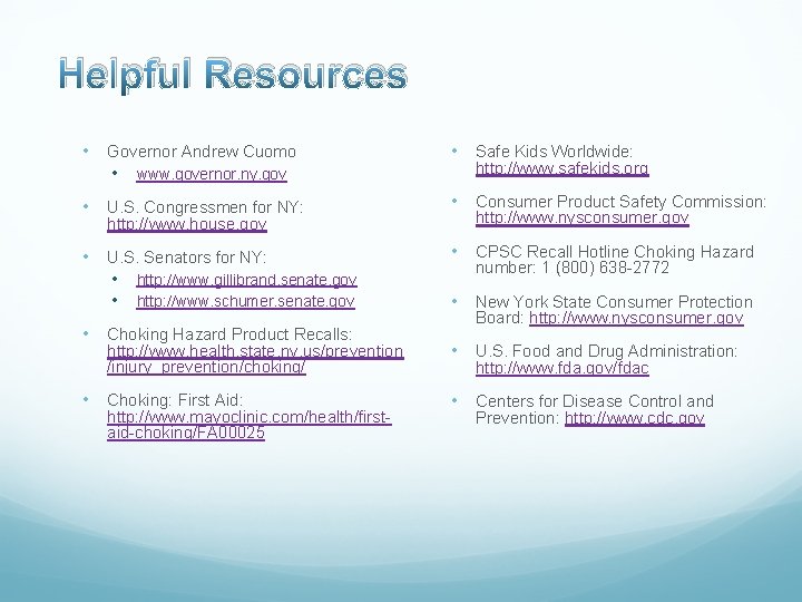 Helpful Resources • Governor Andrew Cuomo • www. governor. ny. gov • Safe Kids