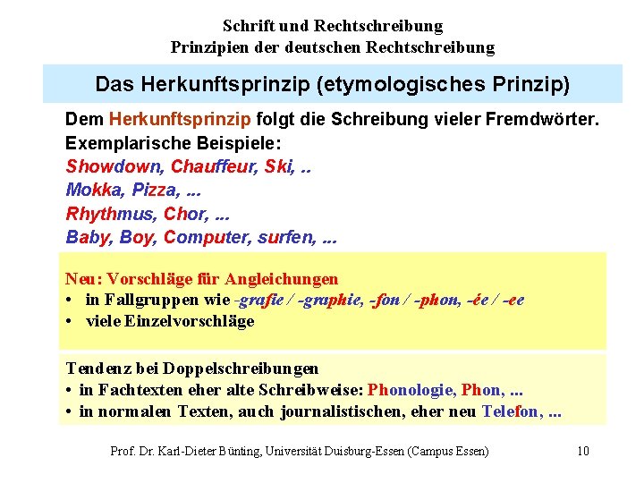 Schrift und Rechtschreibung Prinzipien der deutschen Rechtschreibung Das Herkunftsprinzip (etymologisches Prinzip) Dem Herkunftsprinzip folgt