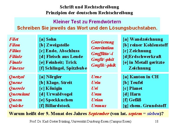 Schrift und Rechtschreibung Prinzipien der deutschen Rechtschreibung Kleiner Test zu Fremdwörtern Schreiben Sie jeweils