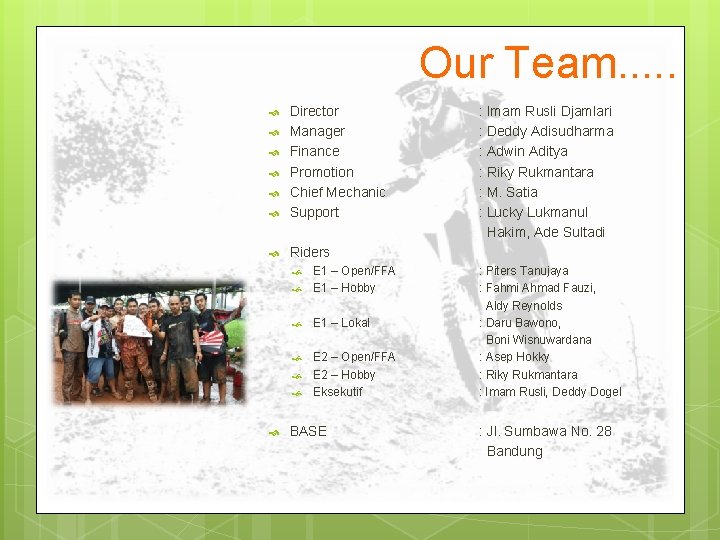 Our Team. . . Director Manager Finance Promotion Chief Mechanic Support Riders E 1