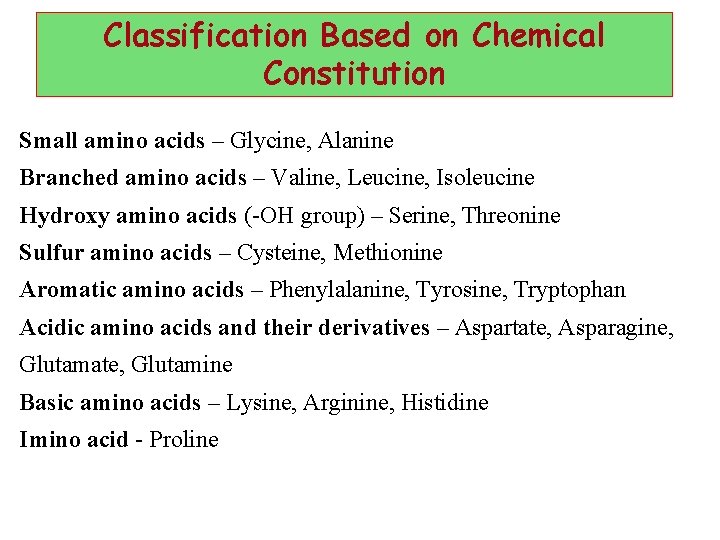 Classification Based on Chemical Constitution Small amino acids – Glycine, Alanine Branched amino acids