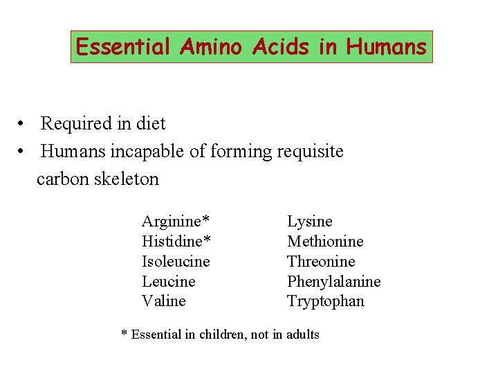 Essential Amino Acids in Humans • Required in diet • Humans incapable of forming