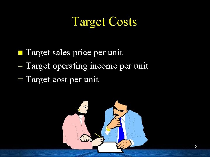 Target Costs Target sales price per unit – Target operating income per unit =
