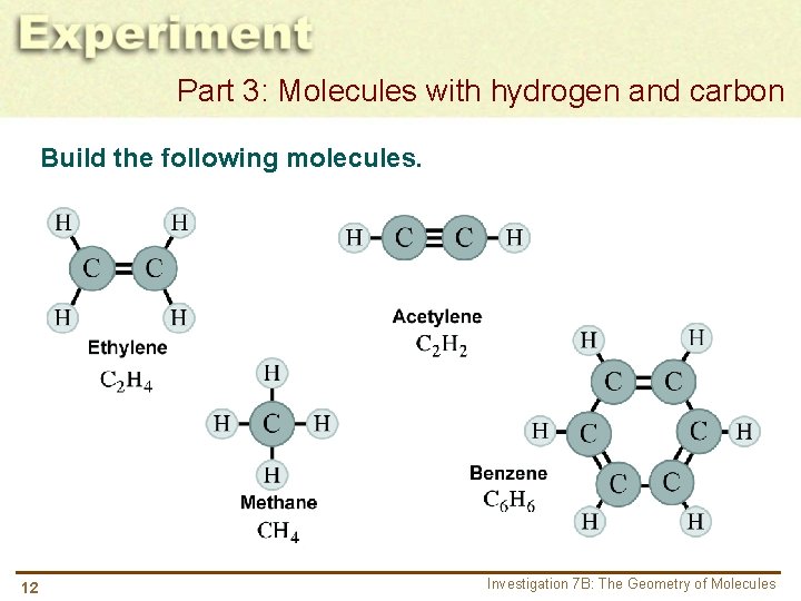 Part 3: Molecules with hydrogen and carbon Build the following molecules. 12 Investigation 7