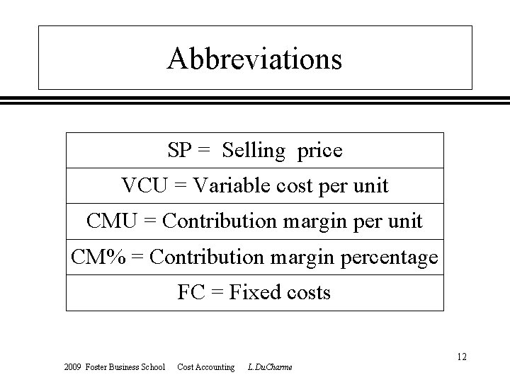 Abbreviations SP = Selling price VCU = Variable cost per unit CMU = Contribution