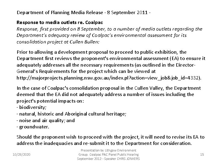 Department of Planning Media Release - 8 September 2011 Response to media outlets re.