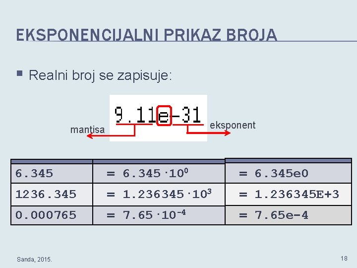 EKSPONENCIJALNI PRIKAZ BROJA § Realni broj se zapisuje: eksponent mantisa 6. 345 = 6.