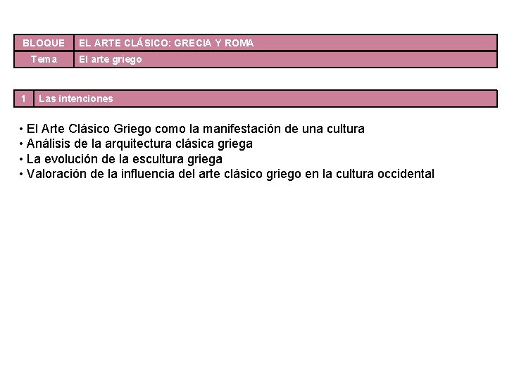 BLOQUE Tema 1 EL ARTE CLÁSICO: GRECIA Y ROMA El arte griego Las intenciones BLOQUE Tema 1 EL ARTE CLÁSICO: GRECIA Y ROMA El arte griego Las intenciones