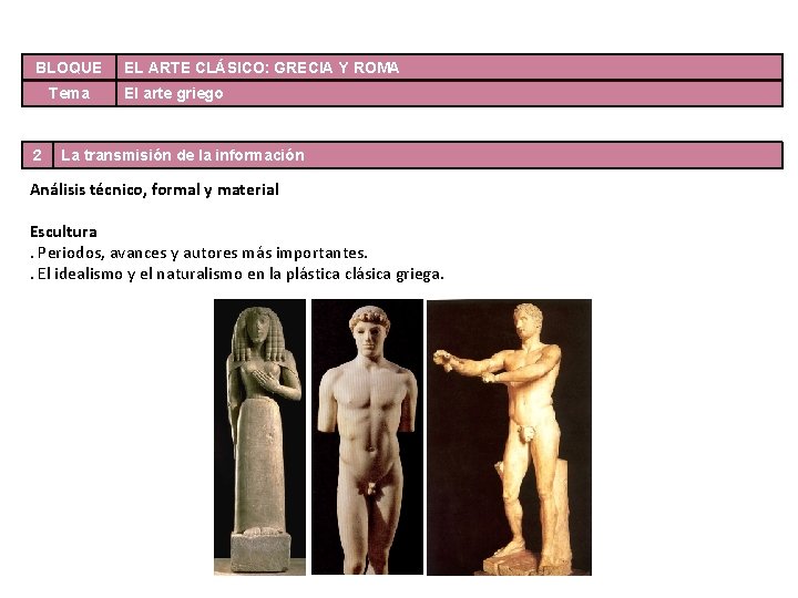 BLOQUE Tema 2 EL ARTE CLÁSICO: GRECIA Y ROMA El arte griego La transmisión BLOQUE Tema 2 EL ARTE CLÁSICO: GRECIA Y ROMA El arte griego La transmisión