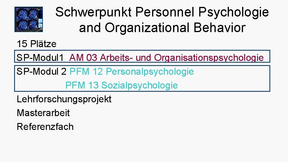 Schwerpunkt Personnel Psychologie and Organizational Behavior 15 Plätze SP-Modul 1 AM 03 Arbeits- und