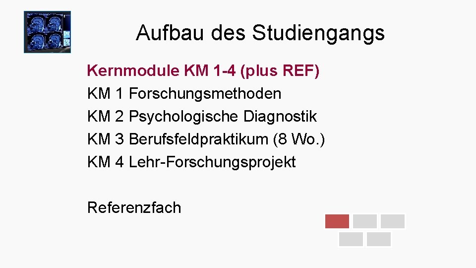 Aufbau des Studiengangs Kernmodule KM 1 -4 (plus REF) KM 1 Forschungsmethoden KM 2