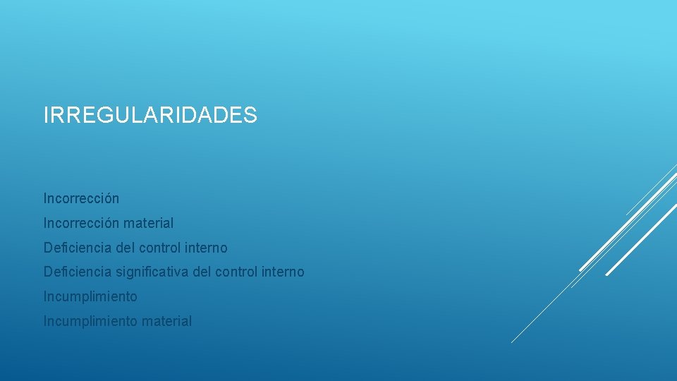 IRREGULARIDADES Incorrección material Deficiencia del control interno Deficiencia significativa del control interno Incumplimiento material