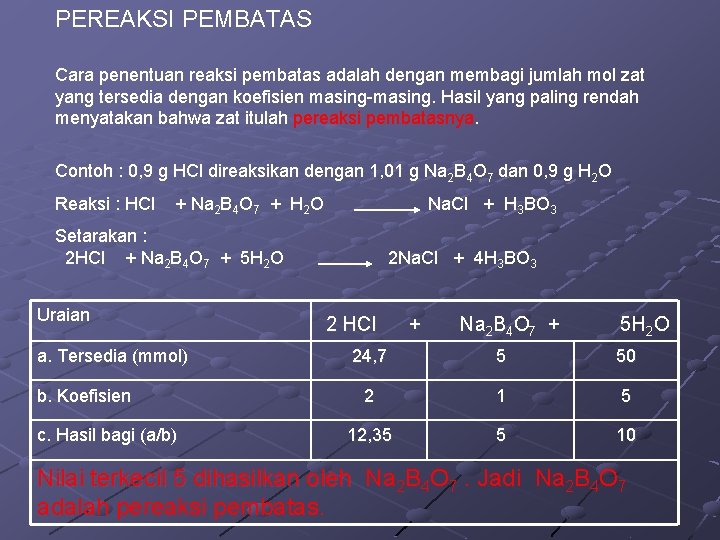 PEREAKSI PEMBATAS Cara penentuan reaksi pembatas adalah dengan membagi jumlah mol zat yang tersedia