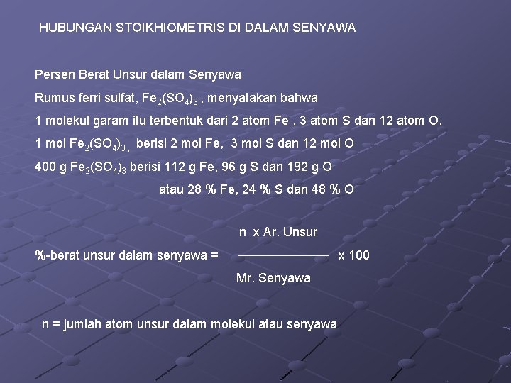 HUBUNGAN STOIKHIOMETRIS DI DALAM SENYAWA Persen Berat Unsur dalam Senyawa Rumus ferri sulfat, Fe HUBUNGAN STOIKHIOMETRIS DI DALAM SENYAWA Persen Berat Unsur dalam Senyawa Rumus ferri sulfat, Fe